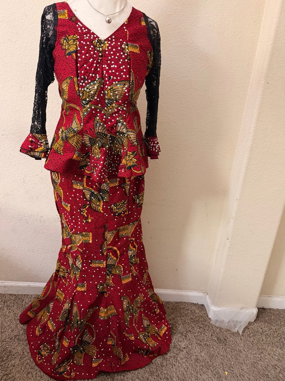 Red Ankara Peplum Maxi Dress with Black Lace Sleeves